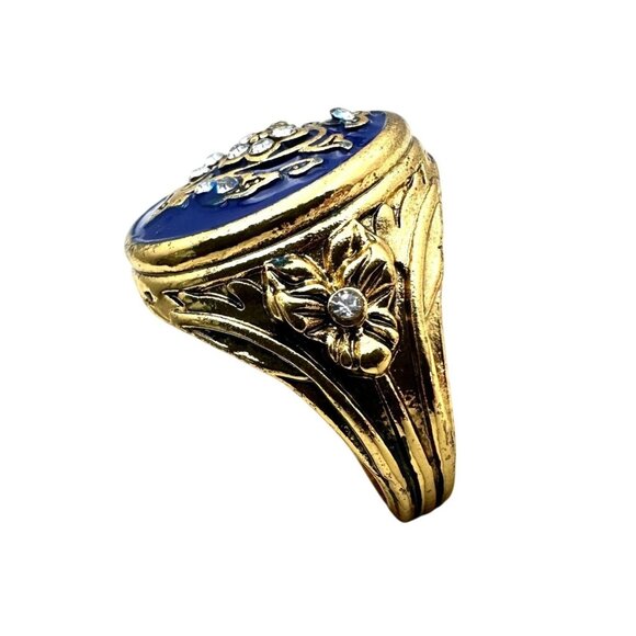 Womens Fashion Ring Blue Enamel Crystal Gold Plated French Vintage Style Size 11 - Picture 3 of 7